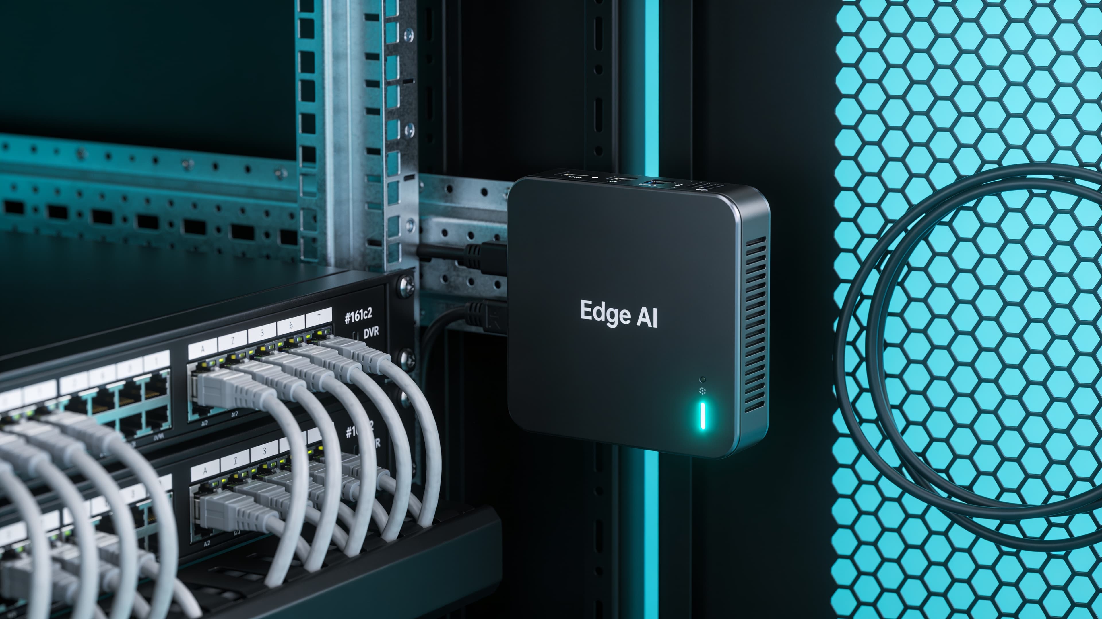 Compact edge AI device beside an NVR rack in a small server room