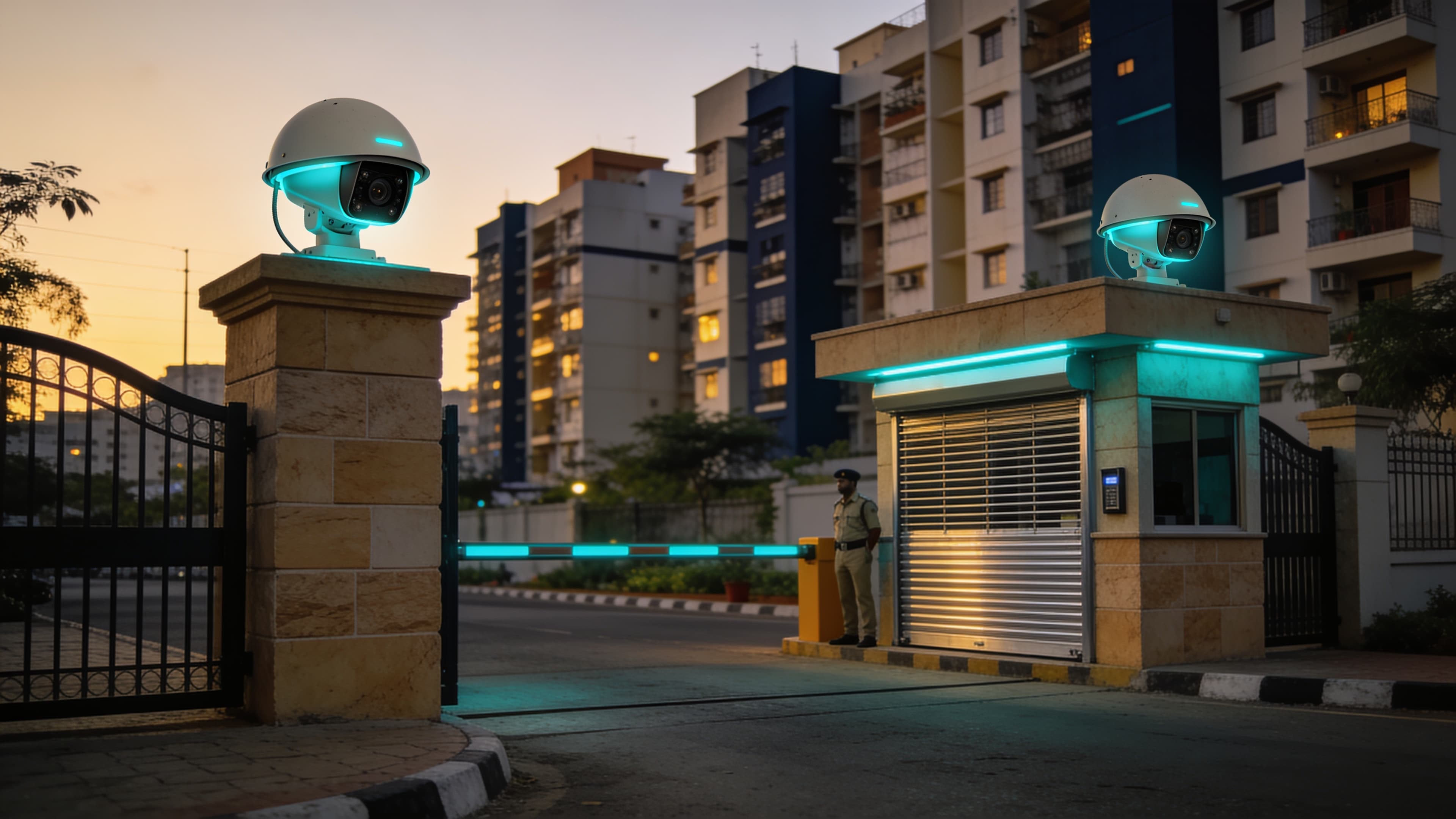 CCTV cameras at an Indian gated society entrance with subtle teal security lighting
